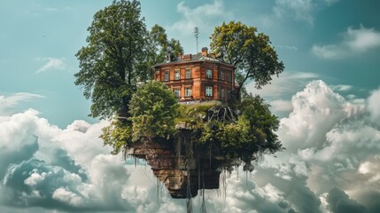 Surreal house floating in the sky for fantasy and adventure themed designs - Powered by Adobe