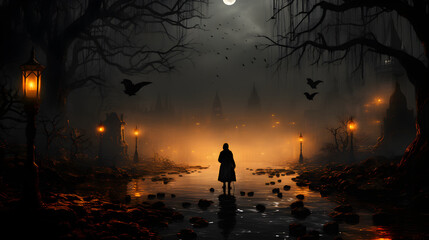 Fototapeta premium Many lit candles in a spooky dark town with a person