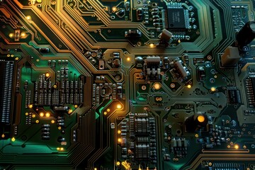 Fototapeta premium Hightech electronic circuit board with glowing neon pathways and components
