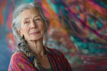 An older woman with grey hair is depicted against a vibrant and colorful background.