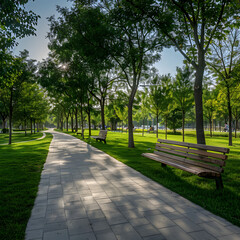Tranquil Modern Recreational Park with Greenery, Benches, and Shaded Pathways for Community Relaxation and Leisure Activities