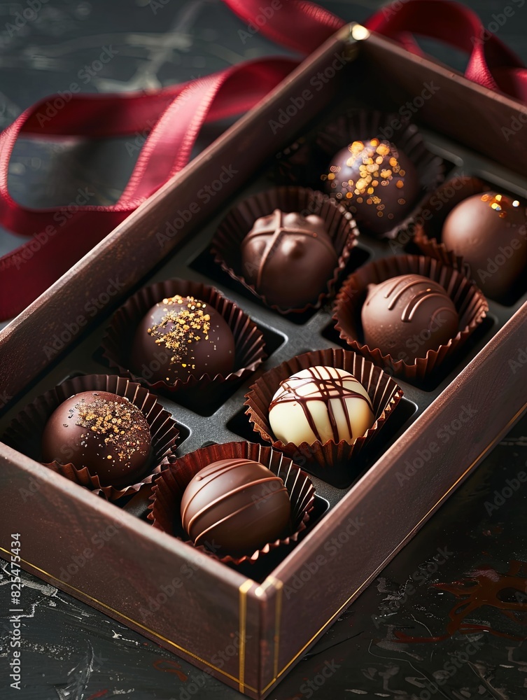 Aufkleber luxurious box of chocolate truffles with rich dark colors and a red ribbon wrapped around it. genera