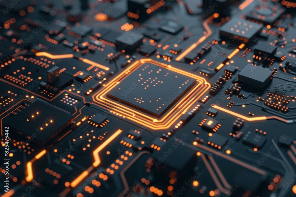 Poster closeup of a modern circuit board featuring an illuminated central processing unit and intricate con
