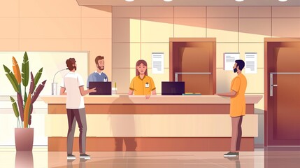 Obraz premium Hospital Reception Desk - Exquisite 2D Illustration with Copy Space for Text. Friendly Staff Assisting Patients with Check-In and Inquiries. Inviting Atmosphere. Warm Earthy Tones.