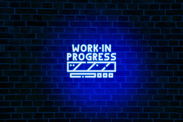 Work in progress loading bar, Glowing Neon Sign on stonework wall - 3D rendered royalty free stock illustration