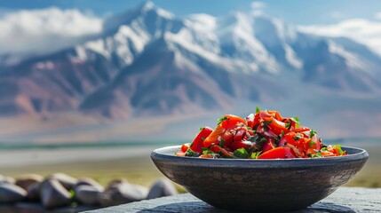 Tomato salad in a bowl with mountain view for healthy food or travel designs