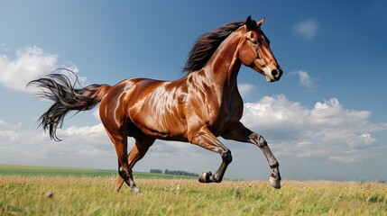 Brown Horse Galloping Across Lush Green Field