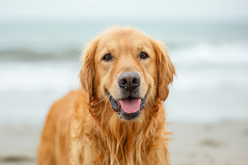 Joyful golden retriever dog with a wet coat stands on a sandy beach, with soft waves in the background, portraying a sense of happiness and relaxation on a cloudy day