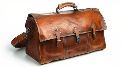 Realistic image of a brown leather briefcase, ideal for business and professional settings, with copy space