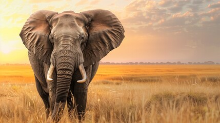 Noble Elephant in African Savannah - Super Realistic 2D Illustration with Copy Space for Text. Iconic African Landscape Frames the Majestic Creature. Warm Earthy Tones.