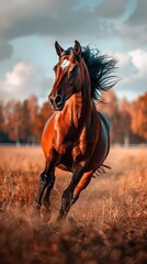 Brown Horse Galloping Through Dry Grass Field
