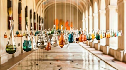   A long room contains numerous colorful glass vases dangling from the ceiling, filling the space