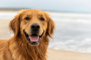 Joyful golden retriever dog smiles at the camera, with soft focus on a sandy beach and calm waves in the background, portraying a serene and friendly atmosphere