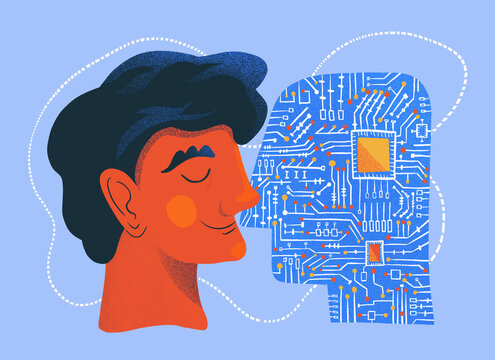 The Heads of a Man and a Robot AI directed towards each other