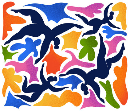 Dark dancing silhouettes against colorful abstract shapes