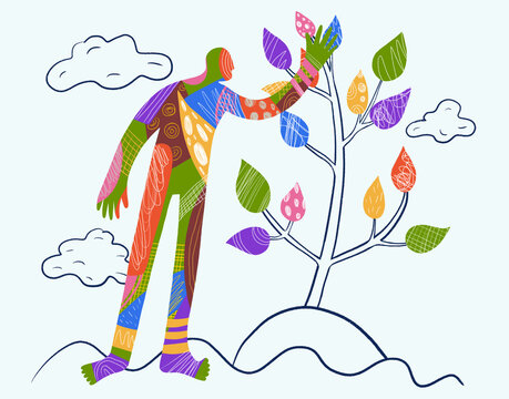 Colorful Abstract Patterned Human Silhouette Planting a Tree