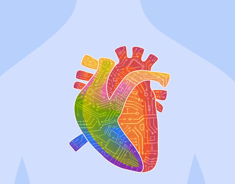 Rainbow heart covered with microcircuit pattern