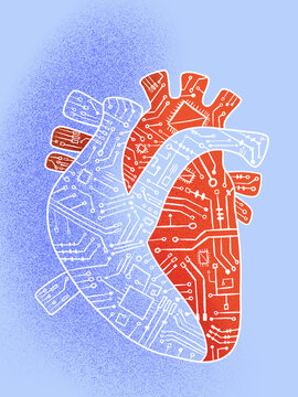 Human Heart covered with microcircuit pattern
