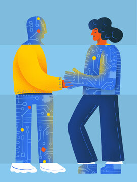 Human Interacting With a Blue Robot