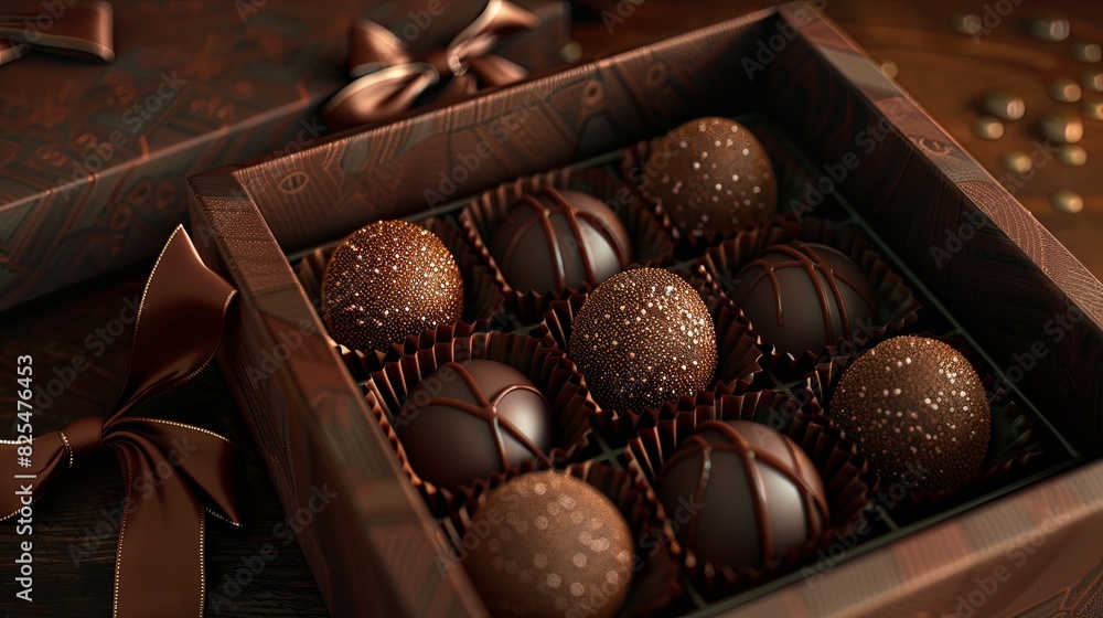 Poster Elegant box of chocolate truffles adorned with ribbon for a luxurious presentation. Generative AI