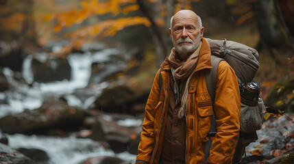 A Man With a Backpack Stands in Front of a Waterfall in the Woods