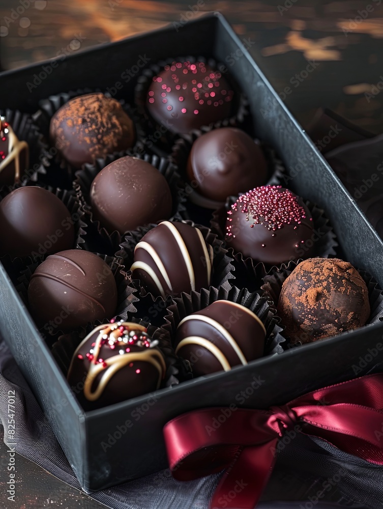 Poster A luxurious box of assorted chocolate truffles with elegant ribbons on a table. Generative AI