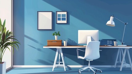 Sleek Modern Office Space - Detailed 2D Illustration with Copy Space for Text. Stylish Workspace with Contemporary Design. Cool Blue Accents.