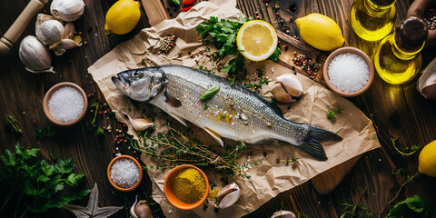 Raw sea bass fish lies on baking parchment. Cooking fish. Ingredients for cooking.
