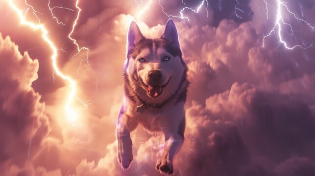 Portrait of a super hero Husky dog with cloud and lightning bolt