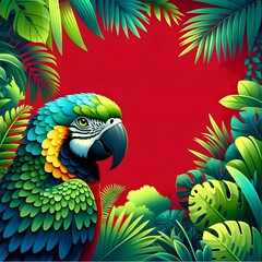 A vibrant red parrot perched amidst lush rainforest greenery, surrounded by various tropical plants and leaves, creating a vivid and exotic jungle scene.