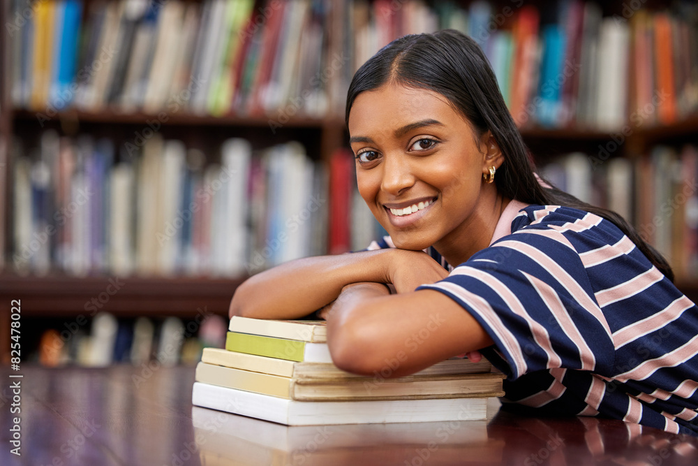 Poster student, library books and portrait of woman at desk for knowledge, education and study hall. happy,
