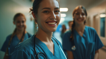 Portrait of Young Female Nurse Smiling in Hospital Corridor wearing blue scrubs, Medical Team in Background, Healthcare Professional