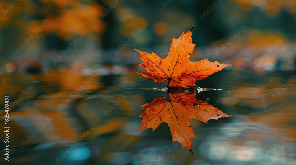 Wall mural reflection of a maple leaf in water