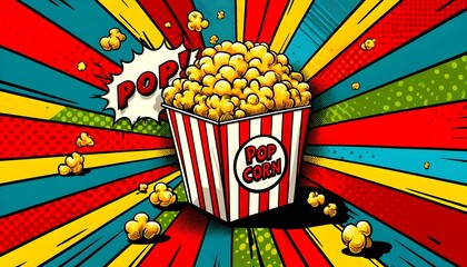 Cartoon style pop art illustration of a popcorn box, exploding with colorful, fluffy kernels. The dynamic and lively design brings a fun, energetic vibe to the classic cinema snack.
