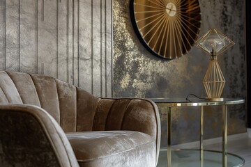 Contemporary living room featuring a plush velvet sofa, geometric glass coffee table, and stylish metallic wall art, exuding luxury, comfort, and modern interior design aesthetics