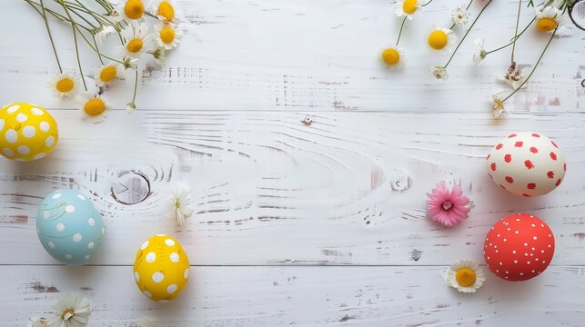 Beautiful Easter Eggs with colorful patterns decoration on wooden table