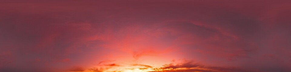 Dark sunset sky with glowing pink Cirrus clouds. Seamless spherical HDR 360 panorama. Full zenith or sky dome in 3D, sky replacement for aerial drone panoramas. Climate and weather change.