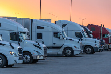 Rows of Trucks Parked at a Rest Stop Against a Beautiful Sunset	
