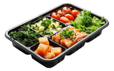 Nutritious salmon and vegetable lunch box for healthy eating, cut out - stock png.
