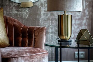 Close-up view of a chic living space featuring a plush velvet sofa, a stylish glass side table, and a contemporary lamp, creating a sophisticated and welcoming ambiance