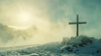 Obraz premium cross on top of mountain with fog and sunlight