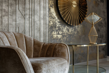 Luxurious modern living room interior featuring a plush velvet sofa, stylish glass side table, and a decorative golden wall mirror creating a sophisticated and inviting atmosphere