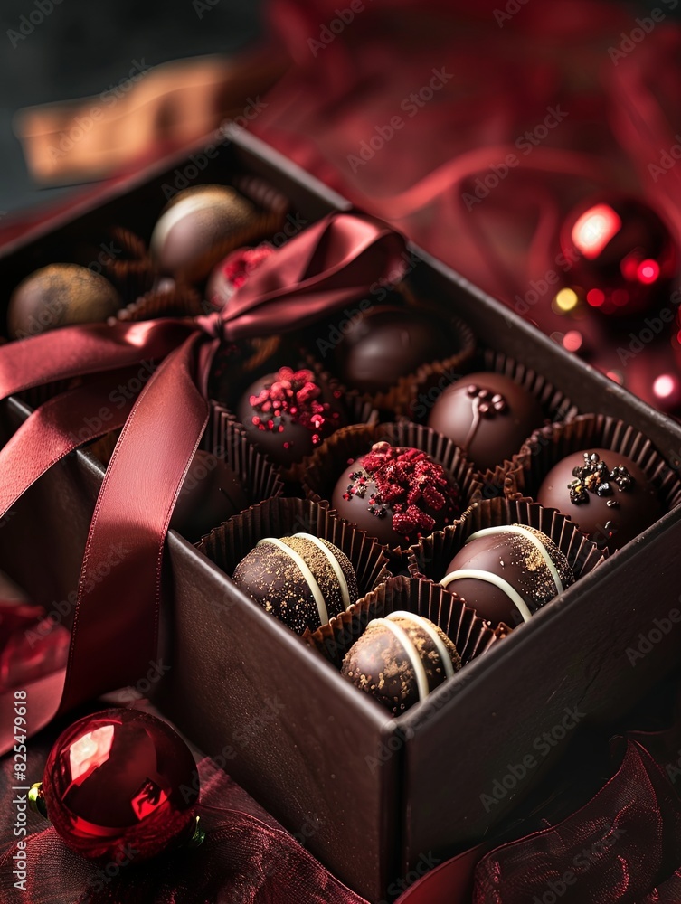 Poster luxurious box of assorted chocolates with ribbon decoration on a wooden table. generative ai
