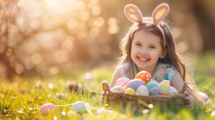 Portrait of a smiling girl with rabbit bunny ear with basket of Easter eggs