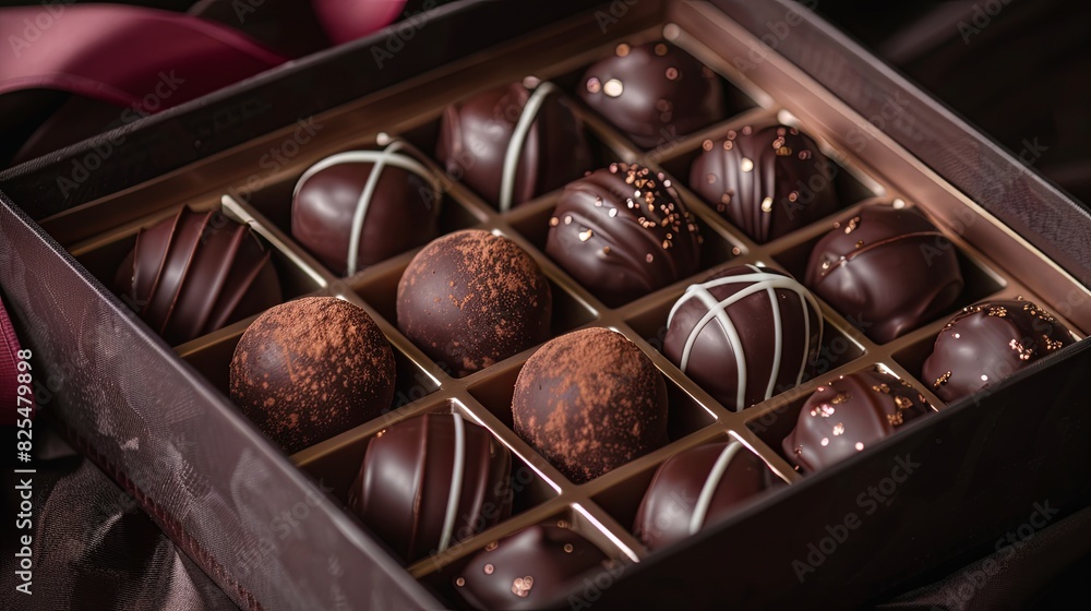 Poster a luxurious box of chocolate truffles adorned with ribbons, resting on a table. generative ai