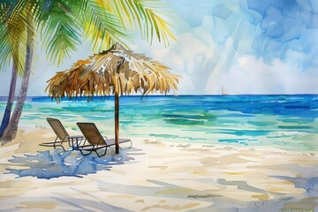 tranquil beach scene with empty seats under palm leaf parasol watercolor painting