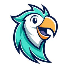 A logo design featuring a stylized Parrot closeup face front with a happy expression 