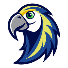 A logo design featuring a stylized Parrot closeup face front with a happy expression
