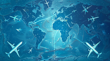 A flight path map with airplane icons taking off from various continents, all headed towards a...