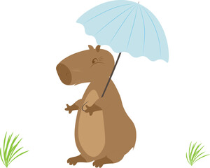 A cute capybara with an umbrella. Vector illustration. Funny capybara for postcards, design, printing, children's collection. Capybara Love Day